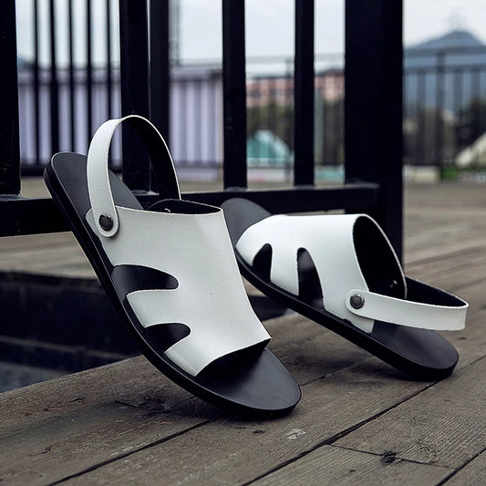 Sandals for Male Outdoor Leather Slippers Dual-Purpose Beach Shoes Casual Half Drag Fashion Mens Summer Shoes Soft-Soled Slides